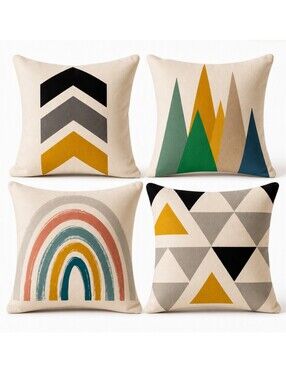 Boho Minimalist Geometric Pillow Covers 18x18 Set of 4 Abstract Mountain Rainbow